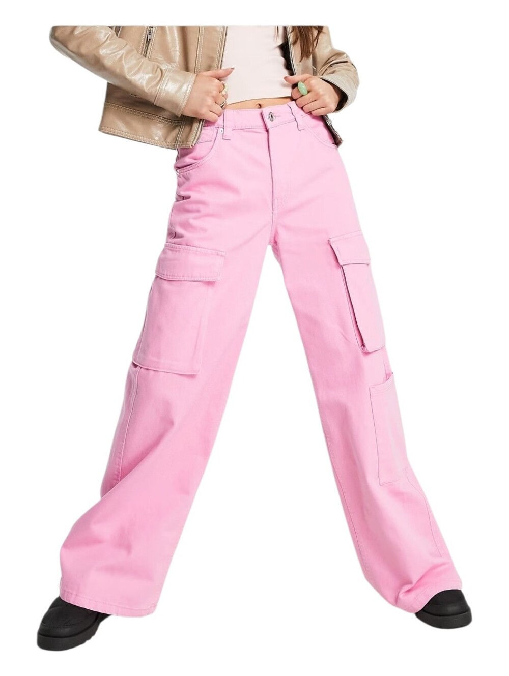 Bershka Womens Pink Festival Oversized Pocket Wide Leg Denim Cargo Pants Size 4